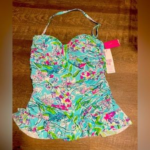 Lilly Pulitzer Carmen Ruffled Tankini top, Bali Blue Sway This Way Swim, 10, NWT